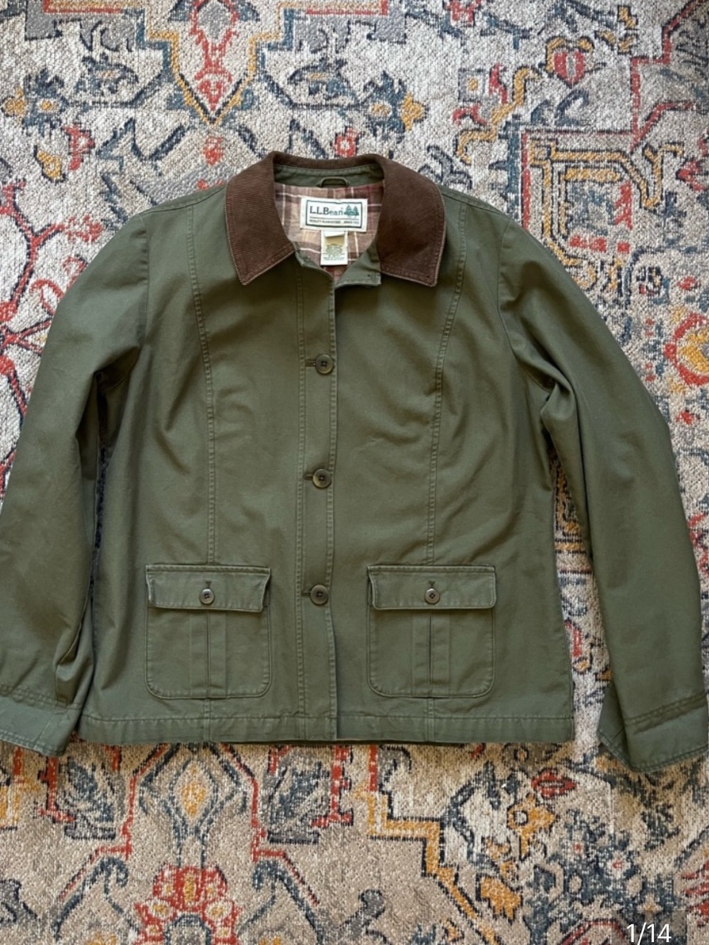 L.L. Bean Olive Green Utility Jacket with Brown Corduroy Collar